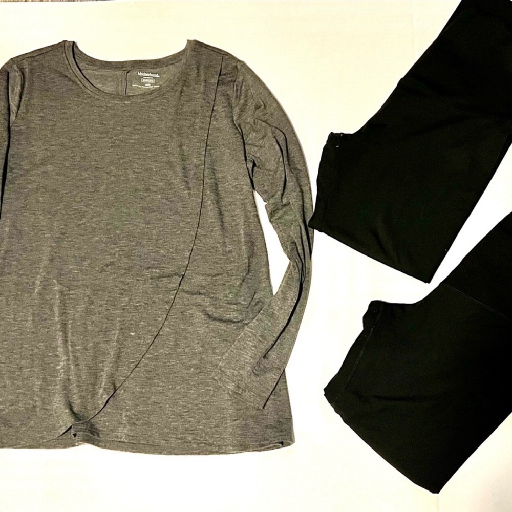 Maternity Bundle with Gray Long Sleeve Top and 2 pair Black Pants